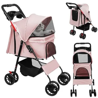 Imagen del producto de Carrito para perros, transportín para mascotas plegable. Carrito para perros con portavasos, compartimento de almacenamiento y ventanas de malla. Plegable, ideal para perros y gatos pequeños, hasta 20 kg. (Rosa)