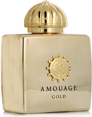 A close-up studio shot of a gold perfume bottle.