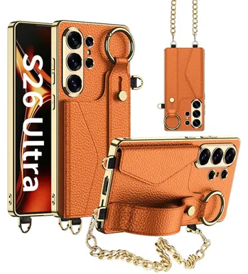 Image de Étui de téléphone portable avec bracelet et chaîne pour Samsung Galaxy S26 Ultra, en cuir et TPU ultra-fin, orange
