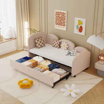 Image de MODFU Banquette-Lit 90x200 cm avec Lit Gigogne 90x190 cm - Lit Convertible en Métal et Velours, Design Moderne pour Chambre, Couleur Rose, Sans Matelas