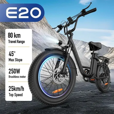 Immagine prodotto di E-bike / Bicicletta elettrica - E20 - Batteria al litio da 48 V - Motore brushless da 200–250 W - Ruote da 50,8 cm - Autonomia >60 km - Velocità massima <25 km/h - Telaio in acciaio - Nero