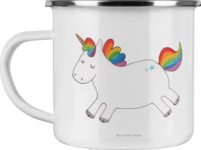 Produktbild von Mr. & Mrs. Panda becher emaille Einhorn Happy - Weiß - Geschenk, Freude, Pott, Lebensfreude, Unicorn, Teetasse, glücklich, Haferl, Tasse, metallbecher, Einhörner