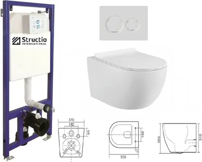 Produktbild von Structio International WC-Komplettset: Wand-WC, Spülrandlos, Soft-Close, Drückerplatte, WC-Sitz, Vorwandelement, 10 L Spülkasten, vormontiert, PP & Styropor
