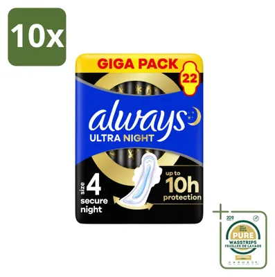 Imagen del producto de 10 compresas nocturnas Always Ultra Secure con alas para mujer – Pack ahorro – 10 unidades