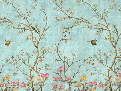 Imagen del producto de Sanders & Sanders fotomural flores y pájaros azul, rosa y amarillo 375 x 270 cm