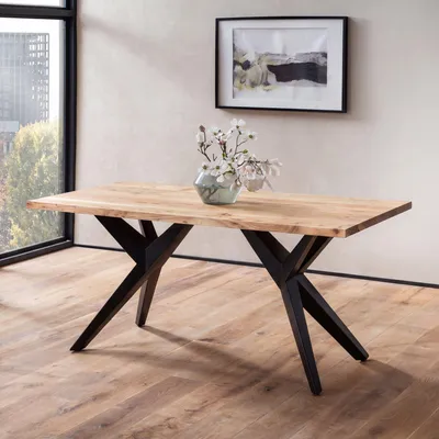 Produktbild von FineBuy Esstisch 200cm Akazie Massivholz 200 cm mit Schwarzem Design Metallgestell - Industrial Loft Esszimmertisch - Holztisch für 6-8 Personen