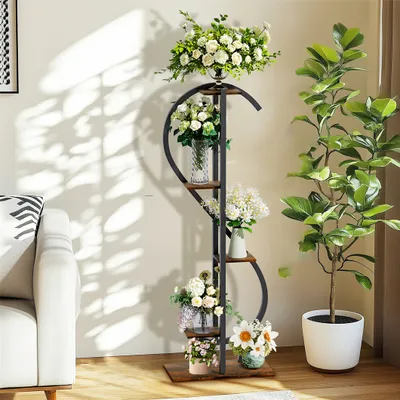 Produktbild von WISFOR Pflanzenständer, 5 Etagen Blumenregal Pflanzenregal, S-förmige Mehrstöckig Blumenständer Pflanzenständer, rustikales Braun, 55 x 26 x 153 cm