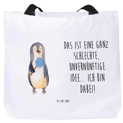 Produktbild von Mr. & Mrs. Panda Tote Bag Pinguin Lolli - Weiß - Geschenk, Stoffbeutel, Süßigkeiten, Rabauke, Spruch, Unvernünftig, Schultasche, Laptoptasche, Tasche, Strandtasche
