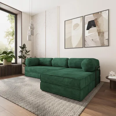 Produktbild von Masseno Ecksofa ETERA mit Metallgestell, Modulares Schlafsofa aus Schaumstoff, Klappbares Bodensofa, Schlaffunktion - Grün, POSO 14