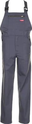 A pair of gray work overalls is shown against a white background.