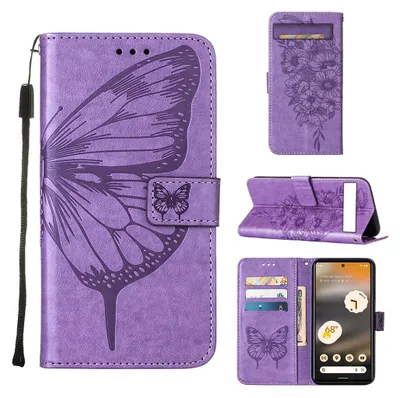 A collage of images showing a purple butterfly-embossed flip leather phone case for a Google Pixel 7A.