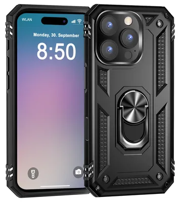 Produktbild von NALIA Panzerhülle für iPhone 16 Pro – Ring-Ständer 360° & für Magnet-Halterung – RINGDEFEND (Stoßfestes Outdoor Case) – Marke aus Berlin – Schwarz