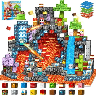 Produktbild von Magnetische Bausteine 200-teilig – Magnetbausteine für Kinder ab 3 Jahren – STEM/MINT Lernspielzeug – Kreatives 2D & 3D Konstruktionsspielzeug mit 6 erweiterbaren Basen – Drachen, Lava & Burgen – Geschenk für Jungen und Mädchen