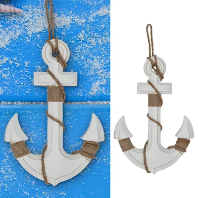 Produktbild von Deko Anker zum Aufhängen mit Tau 32x32x1cm MDF weiß Antikfinish maritim Schiffsanker Schiffszubehör