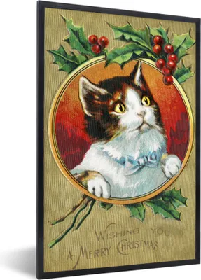 Produktbild von MuchoWow® Gerahmtes Poster Weihnachten - Kunst - Katze 60x90 cm - Poster mit Schwarzem Bilderrahmen Wandposter Rahmen Foto Bilder - Kunst