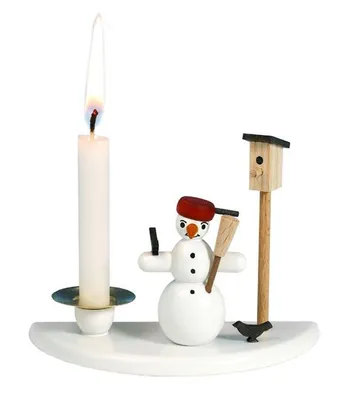 Produktbild von Kerzenhalter mit Schneemann mit Pfanne und Vogelhaus Höhe ca. 6,5cm