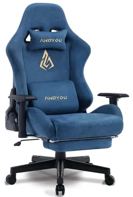 Produktbild von Ergonomischer Gaming-Stuhl mit verstellbaren Armlehnen und Fußstütze, in stilvollem, blauem Kunstleder
