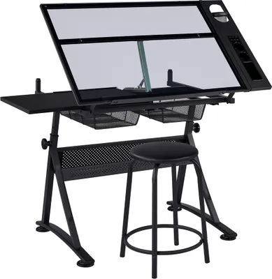 Produktbild von Yaheetech Zeichentisch-Set Schreibtisch Kippbarer Tischplatte Architektentisch Höhenverstellbar mit Viel Stauraum & Hocker Schreibtisch Schwarz