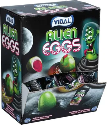 Produktbild von Display Komplett Vidal Alien Eggs Kaugummi 200er Display mit Saurem Kern, Galaktischer Kauspaß im 1kg Vorrat