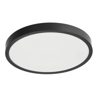 A round, black-rimmed LED ceiling light with a white diffuser is shown against a white background.