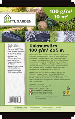 Produktbild von TTL GARDEN Unkrautvlies 10m² 2x5m Schwarz 100g/m² Gartenvlies Mulchvlies Folie gegen Unkraut PP-Vlies