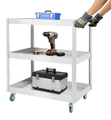 Produktbild von Edelstahlwagen 3-stöckiger Rollwagen für Labor & Küche mit Feststellbaren Rädern, Servierwagen für Medizinische Einrichtungen, Multifunktionaler Materialwagen, Kommissionierwagen für Garage, Werkstatt