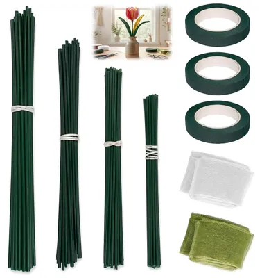 Produktbild von Blumendrahtstäbe 100 Stück, 20 cm und 30 cm, mit Blumenklebeband und Band, grün, zum Basteln