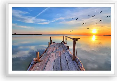 Produktbild von Gerahmtes Poster - Weißer Rahmen - See Natur Brücke Vögel - 91,5x61 cm - Wand Bild - Wanddeko - Wandbilder - Kunstposter - Wandposter - Bilderrahmen - Bilder - Kunstdruck - Wandbild - P2WAA91x61-2402