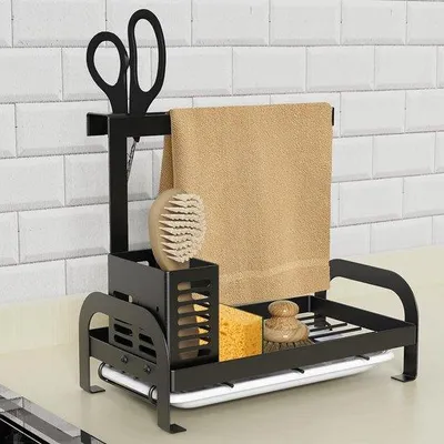 Zdjęcie produktu dla Organizer do kosza na naczynia w kuchni, czarny, organizer do kosza na naczynia, organizer do zlewu, uchwyt do kosza na naczynia z rurką odpływową, uchwyt na ściereczki do zlewu, uchwyt na rurkę odpływową do kuchni i łazienki