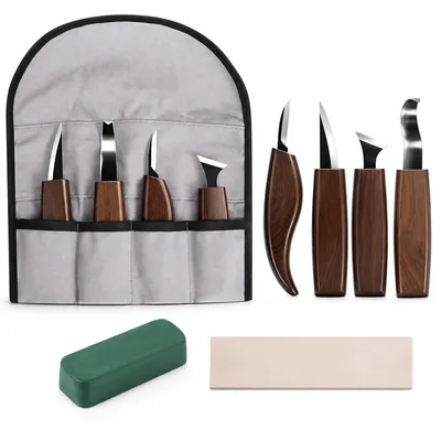 Produktbild von Schnitzmesser Set 4 Stück, Holzschnitzwerkzeug mit Lederriemen und Polierpaste, scharfe Klingen für Holzarbeiten, DIY Basteln und Handwerk