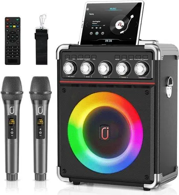 Zdjęcie produktu dla FastShopping - Profesjonalny zestaw Karaoke z 2 mikrofonami - Przenośny głośnik Karaoke z Bluetooth, USB, TF, AUX, TWS i LED światłami dla Party, Ca