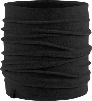 A black fleece neck gaiter is shown against a white background.