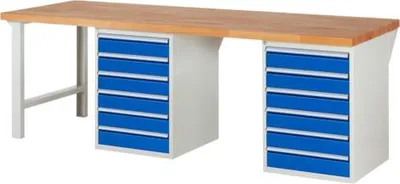 Produktbild von Werkbank mit 12 Schubladen - Teilauszug - 120:12 - 840 x 2.500 x 900 mm (HxBxT) - Traglast 1.000 kg - Buche