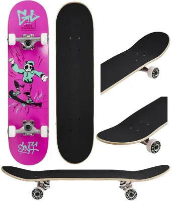 A collage of images showing a pink skateboard from different angles, including the top, bottom, and side views.