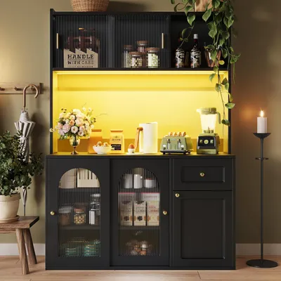 Image de Armoire de cuisine avec éclairage LED, vitrine, dimensions 120x35x167 cm, couleur noire