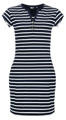 Produktbild von ModAS Damen Kleid Kurzarm mit Streifen - Bretonisches Streifenkleid mit dekorativer Knopfleiste in Blau-Weiß Größe 38