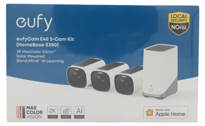Produktbild von Eufy eufyCam E40 3-Cam Kit + HomeBase S380, IP-Sicherheitskamera, Innen & Außen, Kabellos, Wand, Schwarz, Weiß, Patrone (Form)