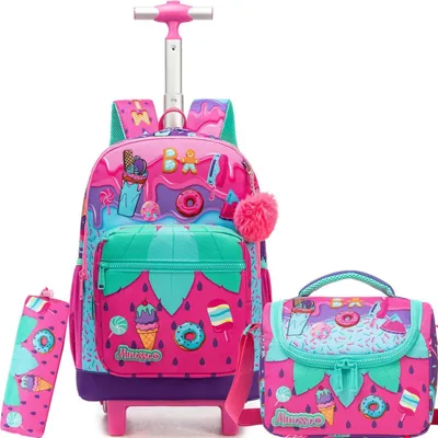 Immagine prodotto di Zaino da scuola con rotelle per bambine, design a tema gelato, set con borsa per il pranzo e astuccio, dimensioni 42x30x20 cm
