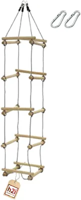 Productafbeelding van Klimrek voor kinderen | Klimrek met 5 houten stangen | Houten klimladder met 4 zijden | Touwladder inclusief karabijnhaak | Buitenspeelgoed voor klimmen