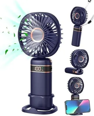 Produktbild von Handventilator, Tragbarer USB-Handventilator, Faltbarer Mini Ventilator mit Sockel und Umhängeband für Zuhause, Büro, Schlafzimmer, Outdoor, Reisen (Blau)