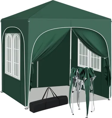Produktbild von Happiq Faltbares Gartenpavillon 2x2 m mit Seitenwänden – Höhenverstellbar – Pop-Up Pavillon – Wasserdicht & UV-Schutz – Grün