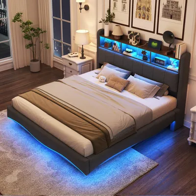 Produktbild von Abgehängtes Design Polsterbett 160*200 aus Leinenstoff, multifunktionales Stauraumbett mit LED-Licht, USB- und Typ-C-Schnittstelle, Grau