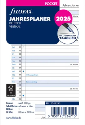 Produktbild von FILOFAX Kalendereinlage 2025 POCKET Jahresplaner weiss deutsch 25-68245