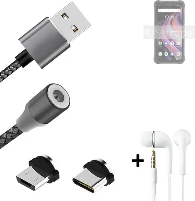 Produktbild von K-S-Trade® Hochwertiges Magnet-Lade-kabel Sync-Kabel Daten-Kabel + Kopfhörer kompatibel mit UMIDIGI Bison GT2 Pro mit USB-Typ-C-Anschluss und
