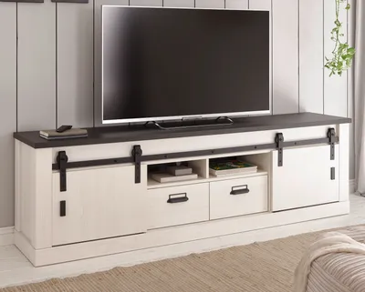 Produktbild von TV-Lowboard "Stove" in weiß Pinie anthrazit 200 cm mit Komforthöhe und Soft-Close