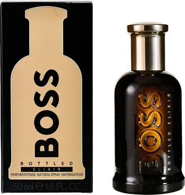 A product shot of Hugo Boss Bottled Elixir perfume and its packaging.