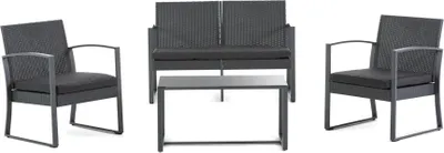 Produktbild von Gartenset mit 2-Sitzer-Sofa, 2 Sesseln und Tisch aus Stahl und Kunstgeflecht – modernes, robustes und komfortables Design mit abnehmbaren Kissen, ideal für Garten, Terrasse und Balkon – OLBIA