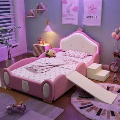 Produktbild von Flieks Kinderbett 90x200cm mit Rutsche und Treppe, Bodenbett Prinzessinbett mit Kronenförmigem Kopfteil, Polsterbett mit Rausfallschutz, PU, Rosa