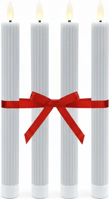 Produktbild von Relaxdays LED Stabkerzen, 4er Set, HxD: 25 x 2 cm, flackernde Flamme, Echtwachs, Rillen, flammenlose Kerzen, hellgrau
