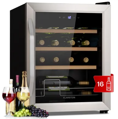 Produktbild von Klarstein Weinkühlschrank, Getränkekühlschrank Schmal, Kühlschrank mit Glastür, Getränkekühlschränke Freistehend, Weinkühlschrank Klein, Weinkühlschränke 1 Zone, UV-Schutz, 5-18 °C, 16 Flaschen